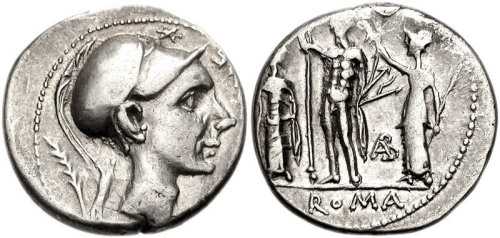 Denarius of Gnaeus Cornelius Blasio, 112-111 BCE. On the obverse, the helmeted head of Scipio Africa