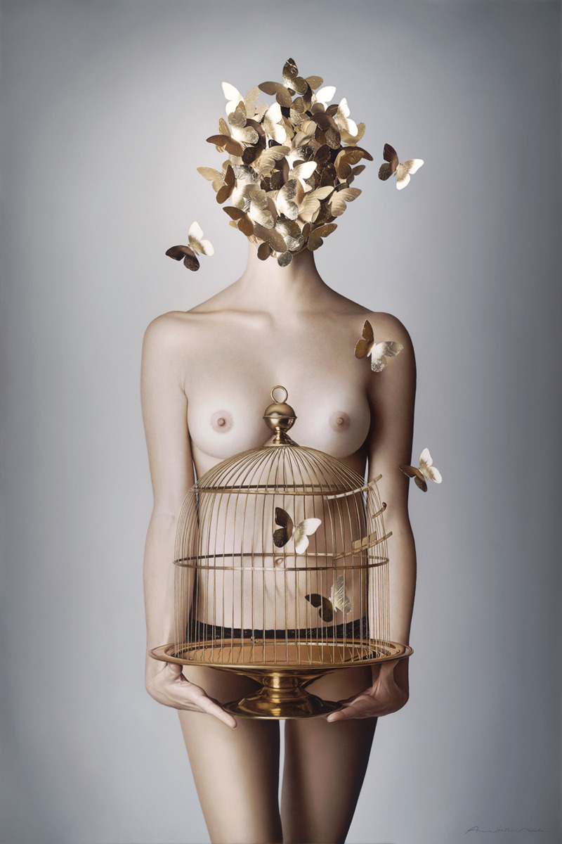 surrealism:   The Gilded Cage by Anna Halldin Maule, 2014. Oil on canvas, 56 x 38