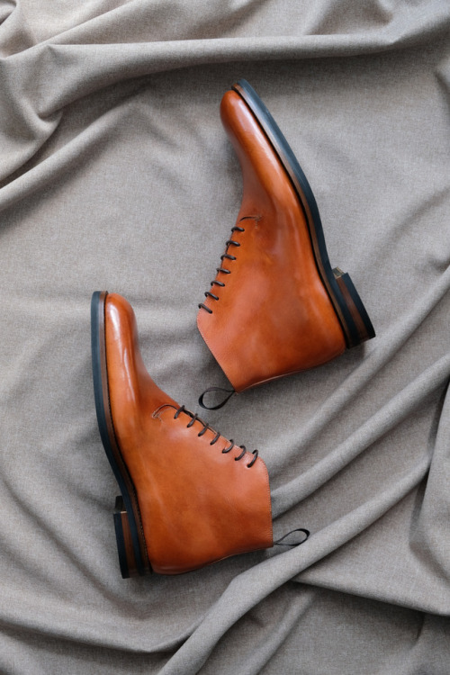 Zonkey Boot made-to-order hand welted wholecut derby boots from orange vegetable tanned bovine leath