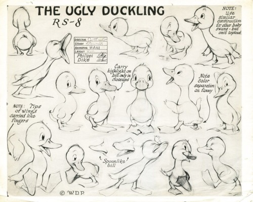 Model sheets for the 1939 Disney short, The Ugly Duckling. It won an Oscar, and was the last of the 