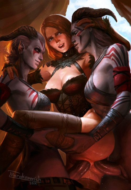 rule34world:  Leliana with two Qunari futas by Tarakanovichhttp://therule34.net