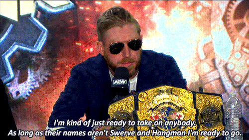 Orange Cassidy answering a question at the Full Gear 2023 Media scrum. He says, I'm kind of just ready to take on anybody. As long as their names aren't Swerve and Hangman I'm ready to go.