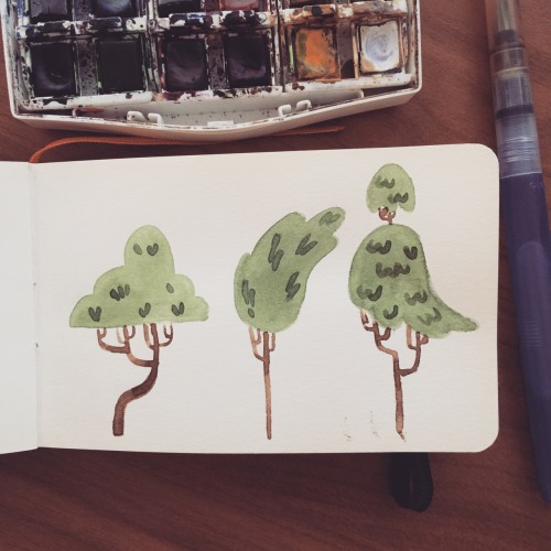 angelaan:Painting dump! Green trees are are watercolour and the other two are gouache using my handy dandy oven bake sculpy paint tin!  First tree is an Eyvind Earle study. I learned that he used magic.