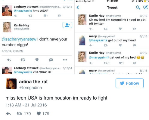 micdotcom:  People are dragging Miss Teen USA 2016 Karlie Hay for using the n-word a lot on Twitter The 18-year-old Hay, who was formerly Miss Texas Teen USA, won the top crown Saturday at the Miss Teen USA pageant in Las Vegas. But before the clock had