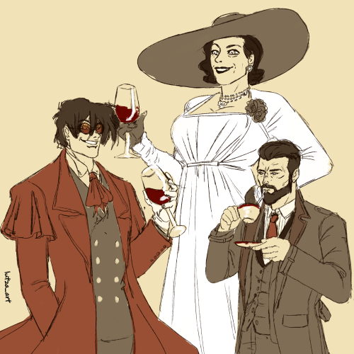 lutzaart:three tall black-haired vampires enjoying a misty afternoon with ‘Sanguis Virginis’ wine an