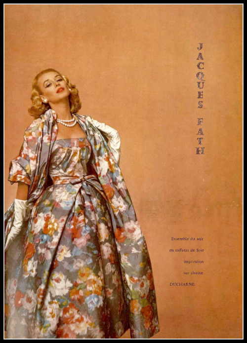 Dorian Leigh in silk taffeta print ensemble by Jacques Fath, photo by Jacques Decaux, 1956