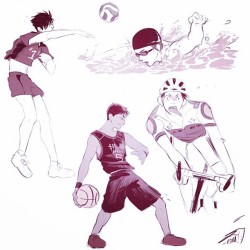 rainbowthinker:  Art blocked so i drew the sports quartet to practice anatomy #swimminganime #haikyuu #knb #yowapeda