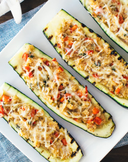 do-not-touch-my-food:  Quinoa Stuffed Grilled Zucchini  Maybe do this with couscous but stuffed courgettes sounds yummy :)