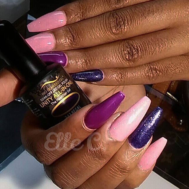 Still shot. 😄Snapchat was slow today. Custom mix (Pink Fairy) full-set with @bioseaweedgel accent nails in #BSGRegal and #BSGStarryNights for my doll @miss_honeyluvlyfe!!!! I used #BSGNoWipeTop to cap everything in a glossy shine!!! #bioseaweedgel...