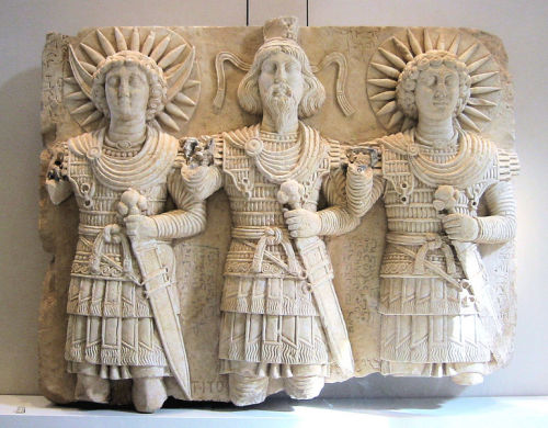 worldhistoryfacts:  First-century likeness of the gods Aglibol, Baalshamin, and Malakbel, from Palmyra, Syria. Agilbol was the god of the moon, Baal was signified by the lightning bolt, and Malakbel was the sun god. These gods were worshipped for over