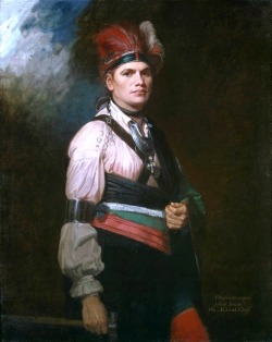 medievalpoc:  George RomneyPortrait of Joseph Brant (Thayendanegea)England (1776)Oil on Canvas, 127 x 101.6 cm.During the American Revolutionary War, the Mohawk leader Joseph Brant  (1742-1807) was given the rank of captain and fought on the side of the