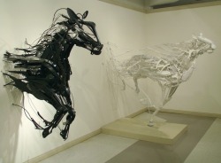 sixpenceee:  EmergenceSayaka Kajita Ganz  created these wild horse sculptures from trash-picked objects like  plastic utensils, toys, and metals. She says, “By building these  sculptures I try to understand the human relationships that surround me.