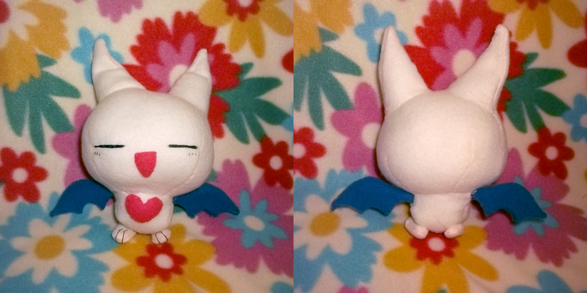 The front and back of the handmade plush on a colorful background