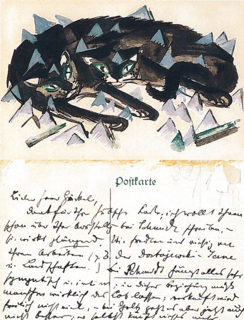 nobrashfestivity:Franz Marc’s Beautiful hand-painted postcards sent to his friends, including 