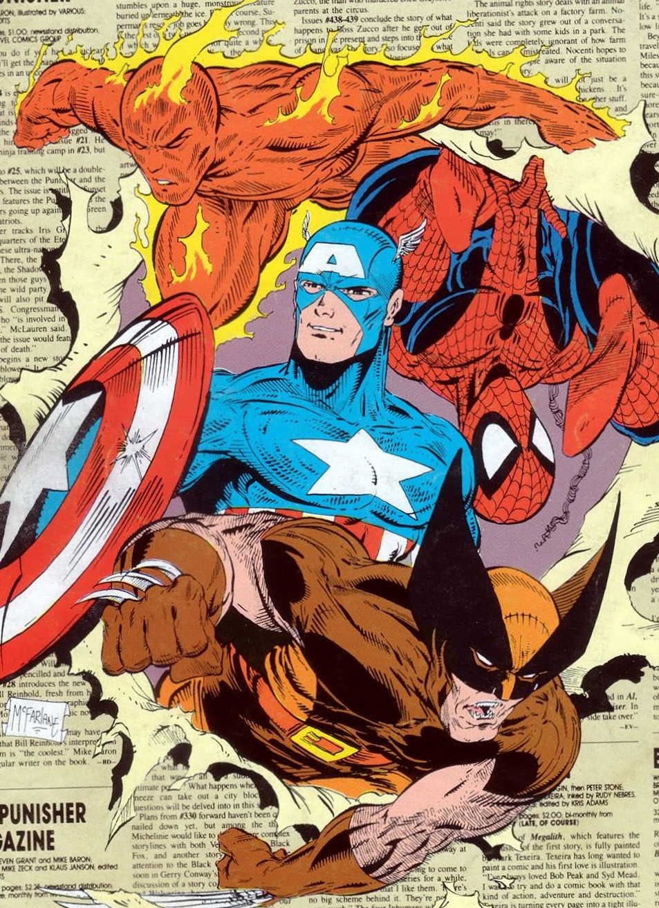 comicbookartwork:  The Human Torch, Wolverine, Spider-Man and Captain America by