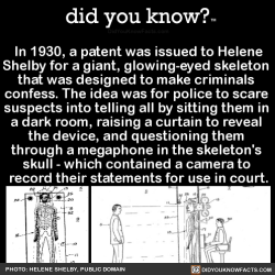 did-you-kno:  In 1930, a patent was issued to Helene Shelby for a giant, glowing-eyed skeleton  that was designed to make criminals  confess. The idea was for police to scare  suspects into telling all by sitting them in  a dark room, raising a curtain