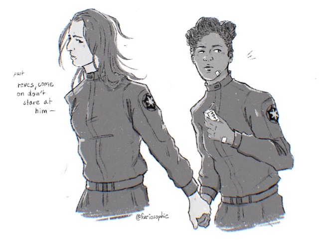 greyscale digital drawing that shows reva and trilla from the waist up, they are in their late teens, both in a black version of the imperial academy uniform and seemingly walking somwhere. trilla is on the left, her head nealry turned all the way to the side as she grabs reva's hand to pull her along, her expression one of annoyence that very clearly masks her worry. reva on the right looks at something behind her as she's being pulled along by trilla, her expression one of guarded curiosity. she is holding a small juice packet raised halfway to her lips. trilla whispers to her "psst, reves, come on, don't stare at him--"