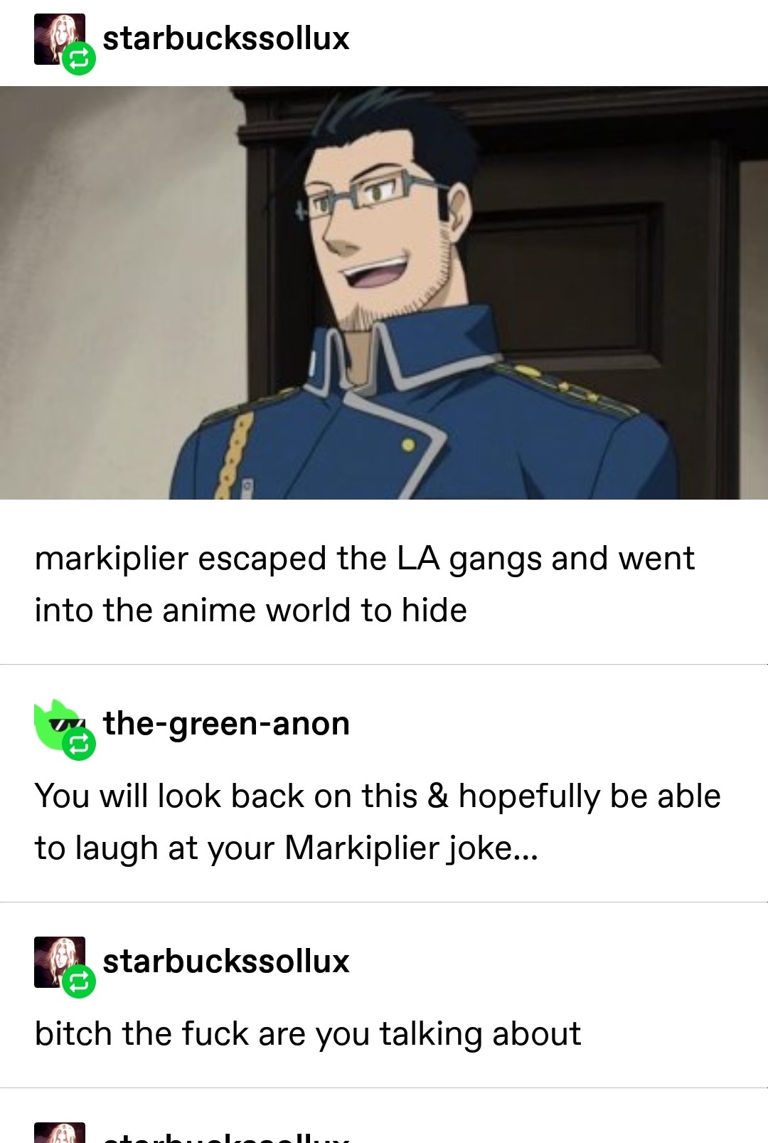 barduils: barduils: seeing people react to watching fullmetal alchemist for the first time with no prior exposure to the countless memes made about two specific events in particular to prepare them for what’s coming is an absolute classic that just