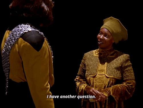 insp.ID: Five gifs of Worf and Guinan in a dark holodeck with an incorrect quote. Guinan says to Wor