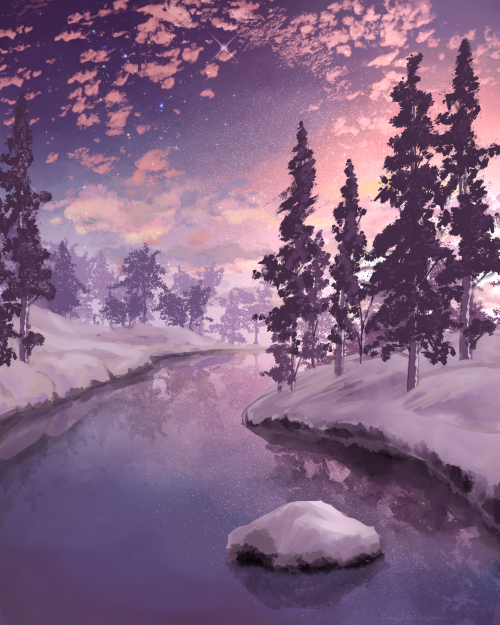 A winter morning painting I did. Practice with the new brushes I’ve been fiddling with lately. Reall