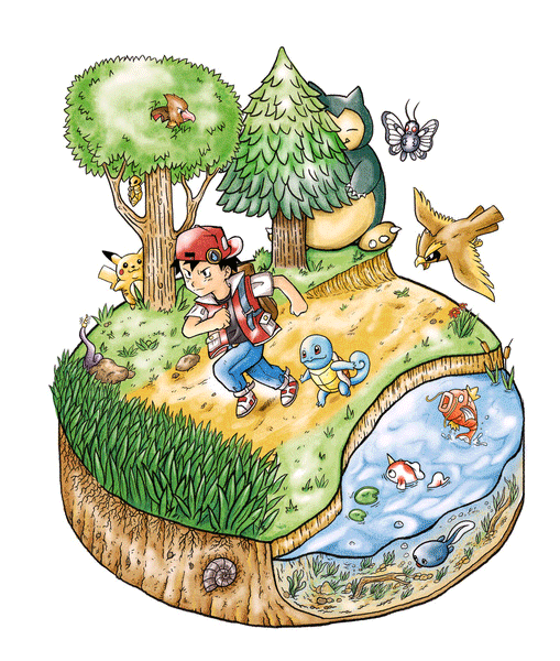 adamworks:  Red, Blue and Green Versions. This is my tribute to the amazing art of Ken Sugimori, the main illustrator of the series and of course a tribute to the first Pokémon games. This is the second illustration for the terrarium series, the first