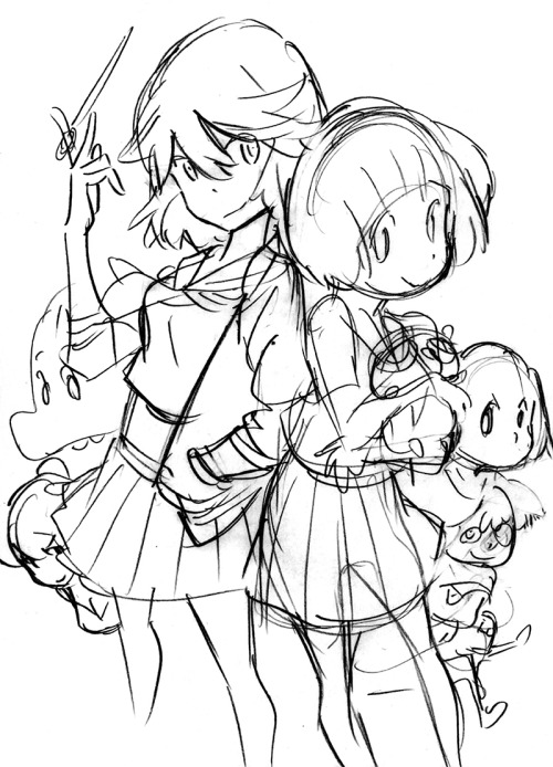 artbooksnat:Kill la Kill (キルラキル)Sushio’s rough sketch and finished piece for the Febri Vol. 21 Magazine cover. The rough sketch was featured in The Art of KLK Vol.2 while the finished art work came from the last page of the magazine. I don’t