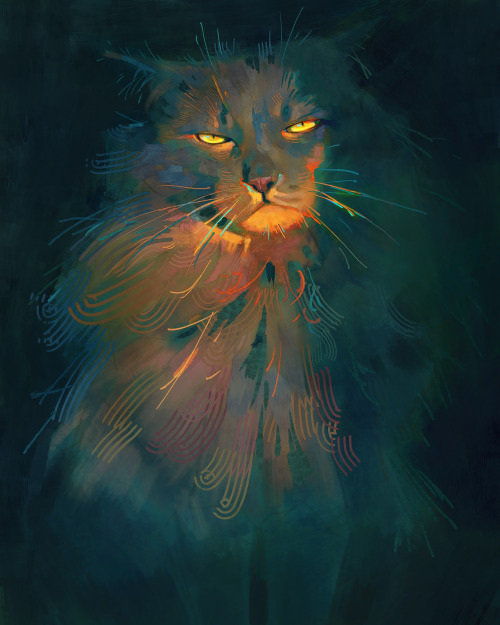 tamberella:Loosely implying a cat 5[Image ID - A grumpy looking cat is painted with impressionistic 