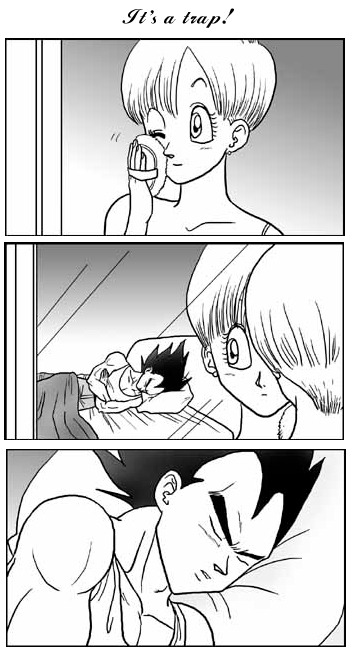 patriciabriefs: shakunetsu-doujin: Vegeta thinks he’s so sly, huh? But she’s got him wra