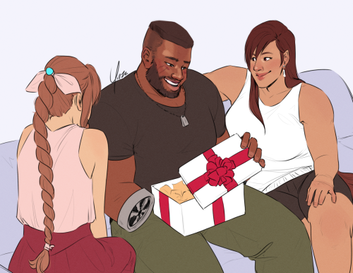 For @clumsypinktiger, who requested Aeris and Tifa presenting Barret with a gift! They’re very excit