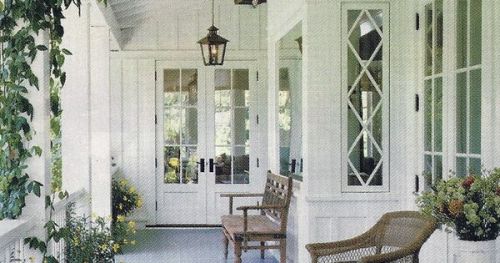 #BagoesTeakFurniture Love this front porch and especially the windows and lanterns. From Sunset maga