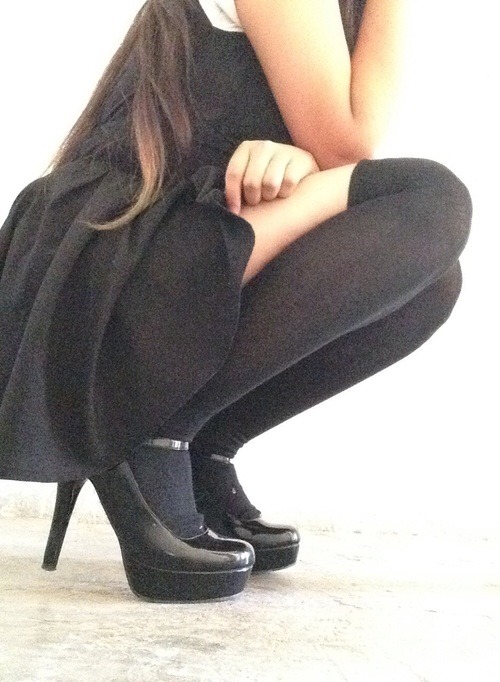 thejoyofsocks:  Image via We Heart It #beauty #black #heels #maid #skirt #socks #highknee