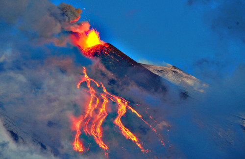 earth-land:    Europe’s most active volcano, Mount Etna   At 3,295 metres (10,810 feet), Etna is Europe’s tallest volcano and is located in Sicily. Etna is a composite volcano, like other dangerous volcano such as Mount St Helens and Mount Vesuvius.