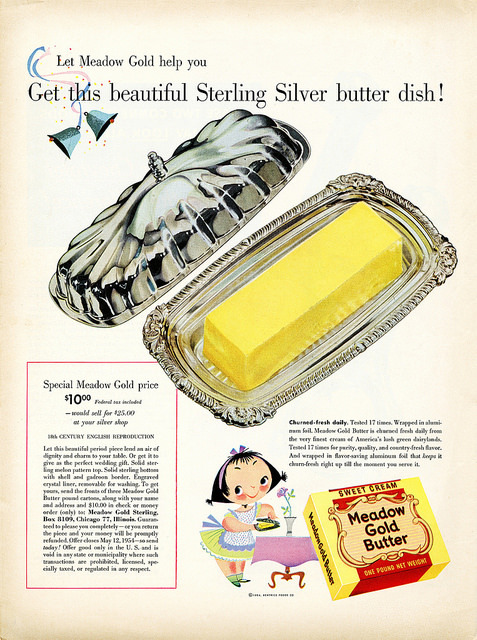 oldadvertising:  Meadow Gold Butter dish 1954 (Beatrice Foods Co) by Shelf Life Taste Test on Flickr