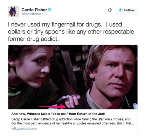 refinery29: One more time for the people in the back: Carrie Fisher’s tweets were freaking ART Perhaps her most accessible medium was Twitter. Her tweets were everything we aspire to. Authentic, unfiltered, and without a solitary fuck to give. READ