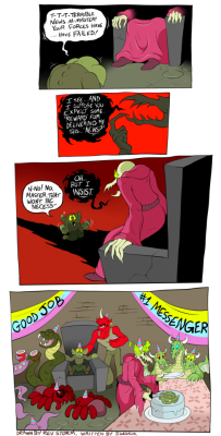 bogleech: bogleech:  Sequel to the first Lord Skullitus comic from yesterday! Drawn by Rev again based on just my loose description! gakk the message goblin was really mistreated in the past so he has a real hard time taking praise but all his friends