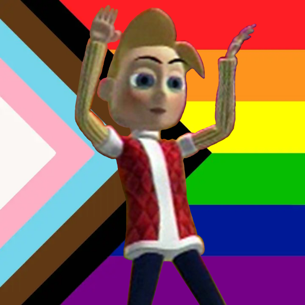 Rolli from the song "Was ist dein Lieblingsfach" in front of the progress pride flag. 