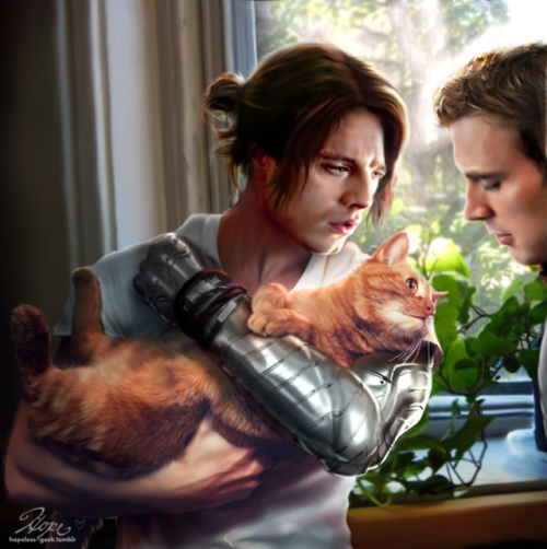 hopeless&ndash;geek: Bucky finds a kitty. His name is Big Red and he’s a good boy. For @co