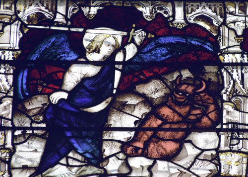 Depictions of Lucifer and the Great Beast from the East Window Stained Glass- York Minster, UK 