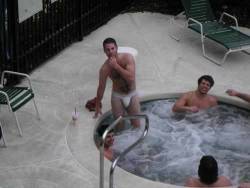 secretworkoutswithcoach:  Last weekend Coach’s team started the season with an away game.  The motel they were staying at had a hot tub, which some of the guys wanted to use.  Since the hot tub was where strangers might walk by and see them, and none