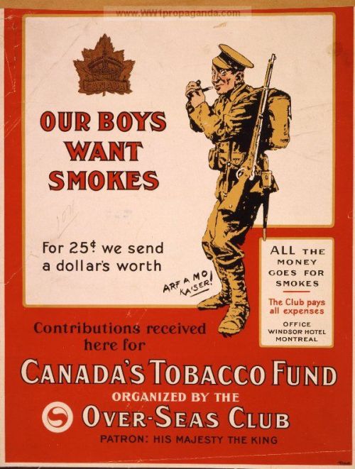 World War I propaganda poster for the Canadian Tobacco Fund, part of the overseas club, which donate