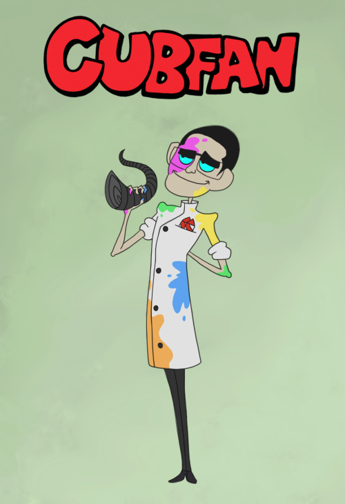 Minecraft youtuber Cubfan drawn in the style of Courage the Cowardly Dog. He is holding one of his Hermit Horns and smiling smugly at someone off screen. The whites of his eyes are bright skulk blue and his labcoat is covered in colorful stains. The image is on a muted green background and above his head is his name in red blocky font with a black outline.