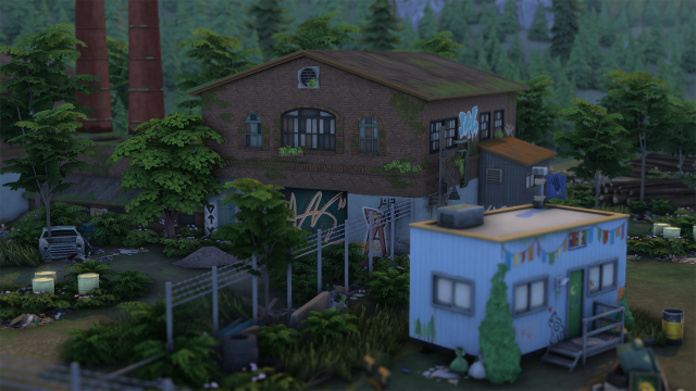 Screenshot of Moonwood Mill, a neighborhood in The Sims 4. There's a whole bunch of trash in that place.