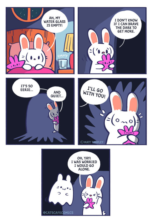 catscafecomics:Brave little RabbitWith Starbunny plush and a new ghost friend, what could go wrong? 