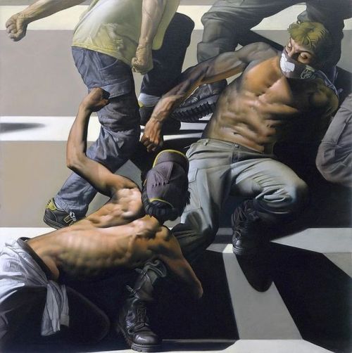 grundoonmgnx:  Nicola Verlato (Italian, b. 1965), Hooligans 2, 2002  Oil on linen, 150 x 150 cm 