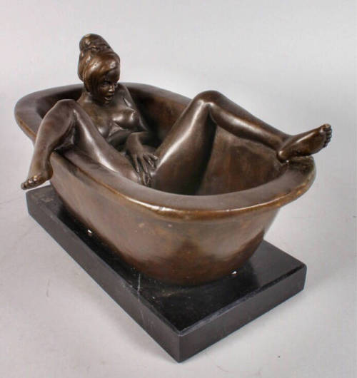 lilit69:Vintage Erotic bronze figure of young lady enjoying herself bathing mounted on marble base