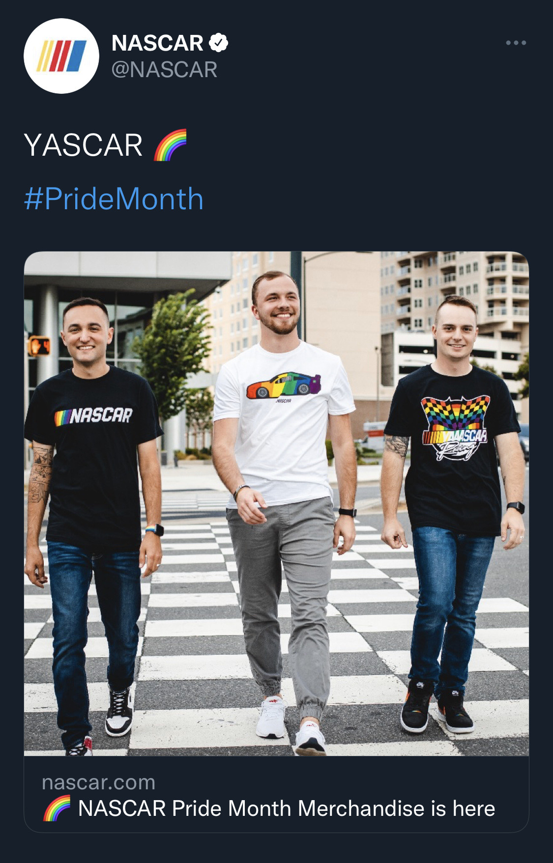 je-blauge:assiraphales:assiraphales:the nascar fandom is in shambles rn bc the official account posted #yascar with a link to pride merchandise and a real life reply was ‘smh no longer supporting nascar has been going downhill since they banned the