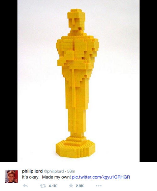 thatsthat24:tastefullyoffensive:How ”The Lego Movie” co-director Phil Lord responded to their Oscar 