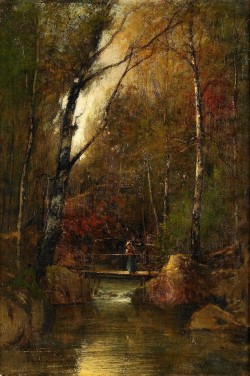 classic-art: Forest Landscape with Girl on the Bridge Alfred Wahlberg, 1894 