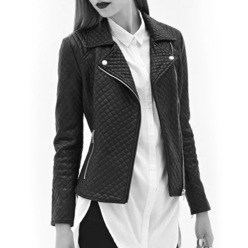noirettediary:  A way to make a leather jacket more girly is to choose one with a lapel collar and slimming cut to enhance your beautiful figure :) 