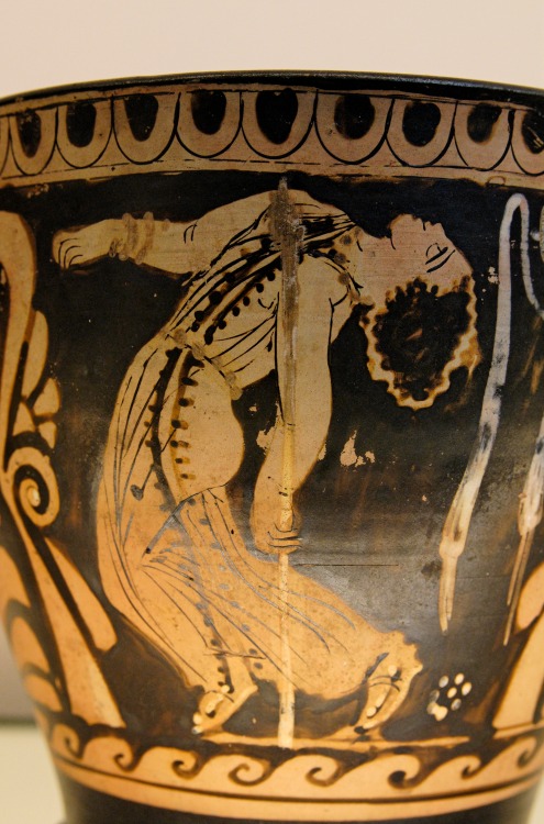 fourteenth:Dancing maenad. Detail from an Ancient Greek Paestum red-figure skyphos, made by Python, 